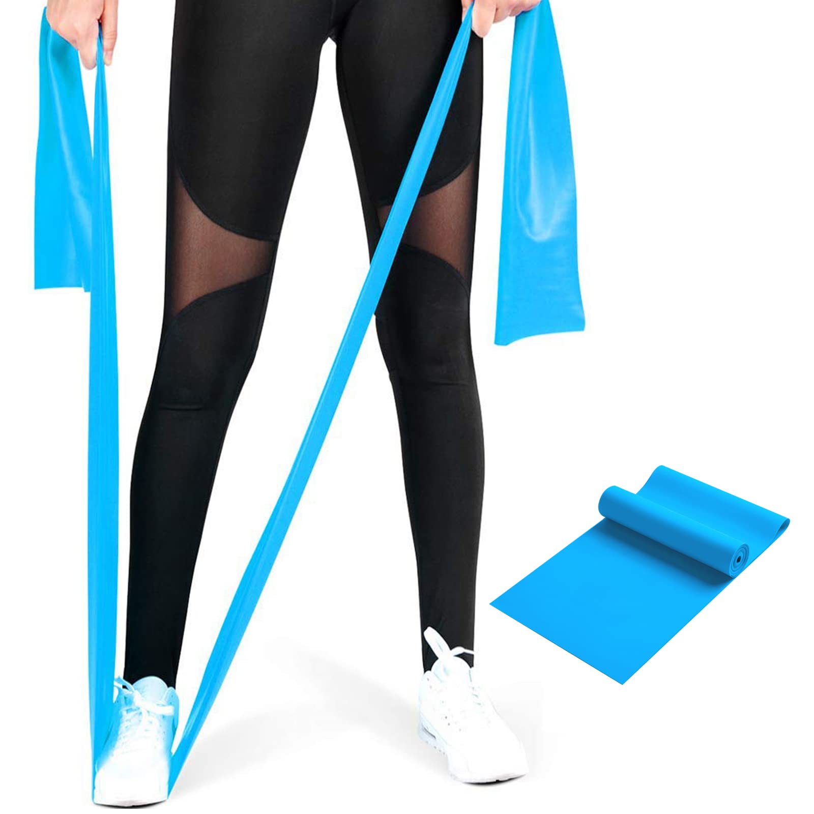 Women demonstrating a standing exercise with blue resistance band on her right leg.