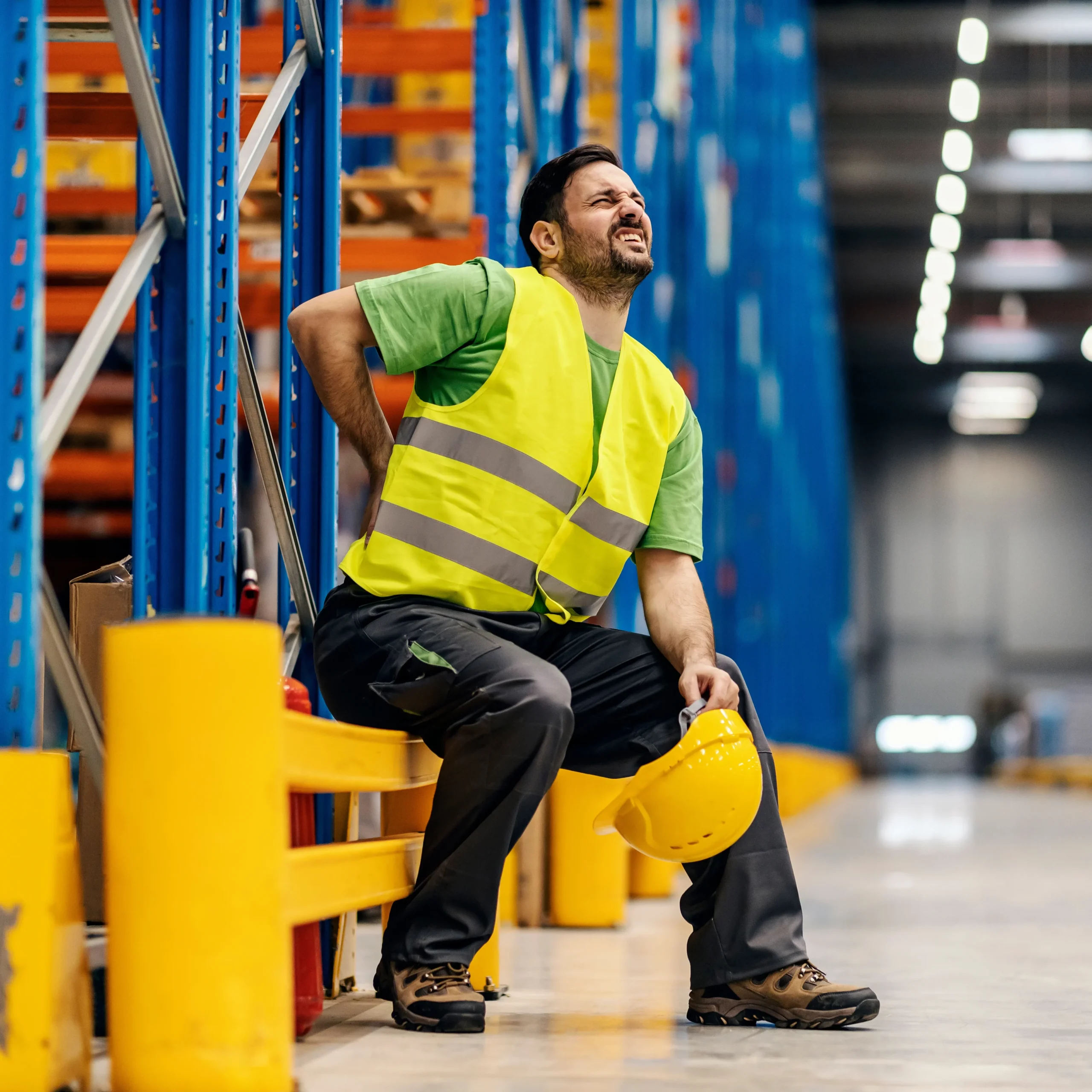 A man in a warehouse highlights the role of chiro in managing and alleviating back pain symptoms at work.