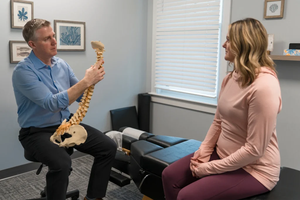 A Chiropractor gives woman a consult exploring strategies for recovery and pain relief after surgery at MCR Chiropractor.