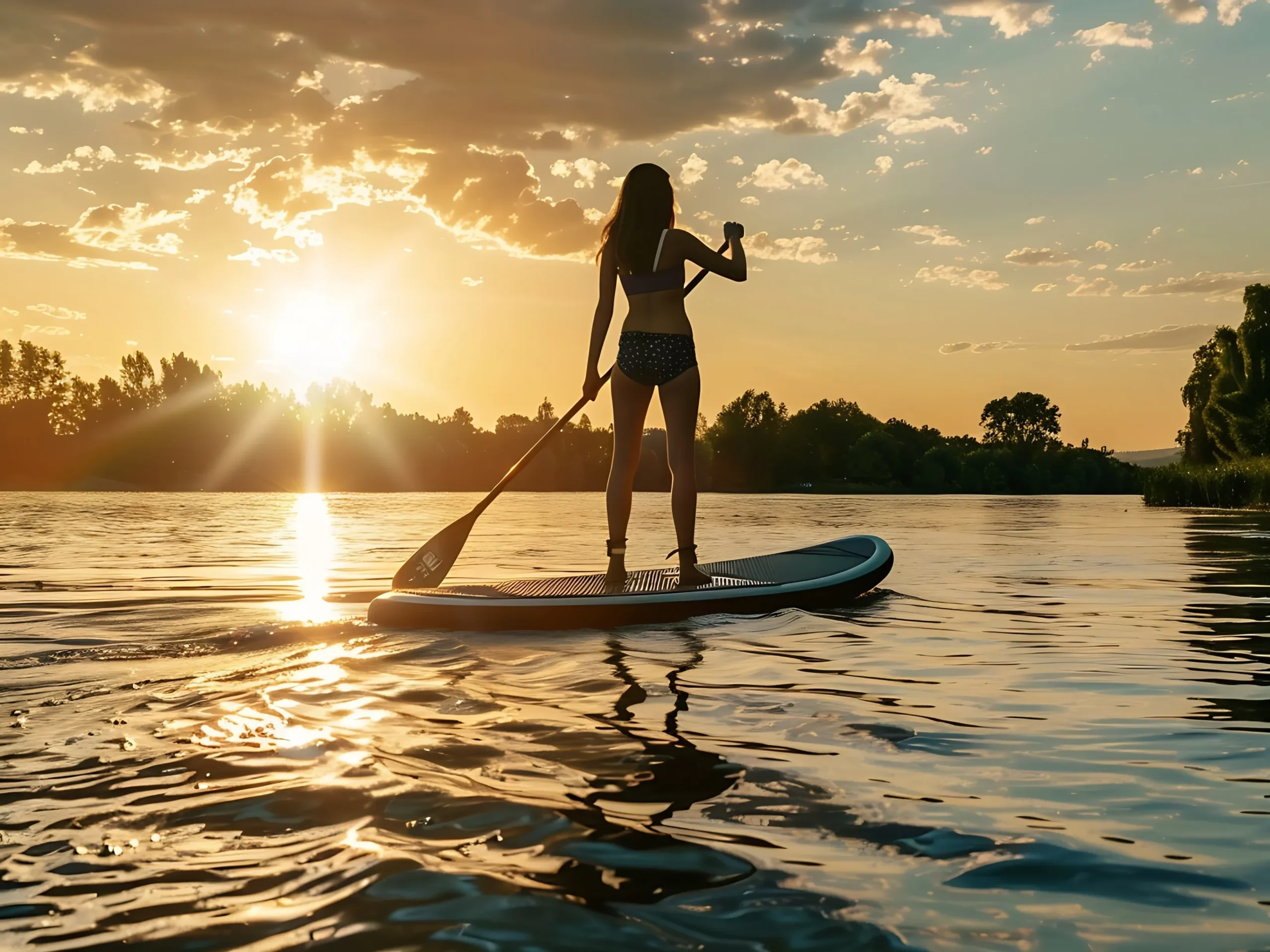 Women Paddle Boarding on a lake at sunset.