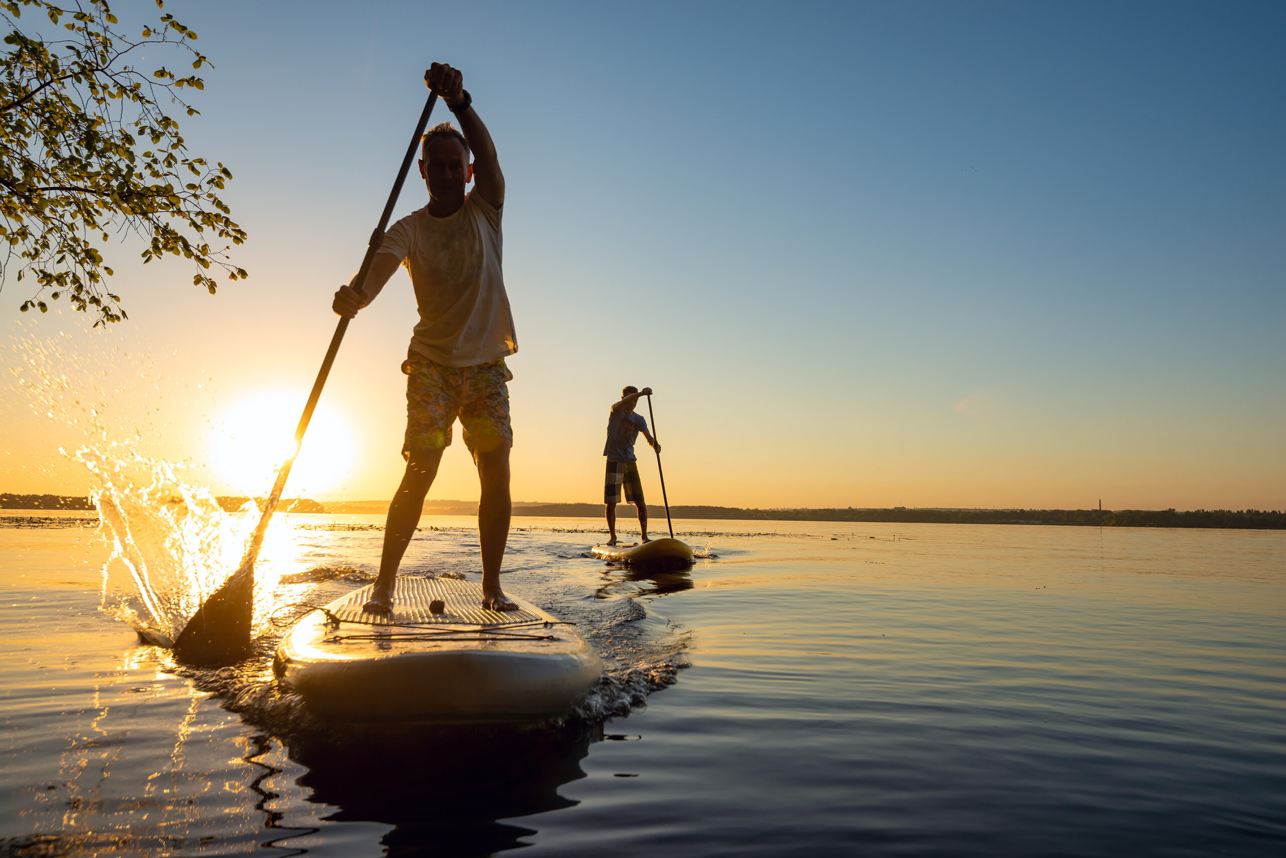 Men, friends sail on a SUP boards in a rays of rising sun. Stand up paddle boarding - awesome active recreation in nature.